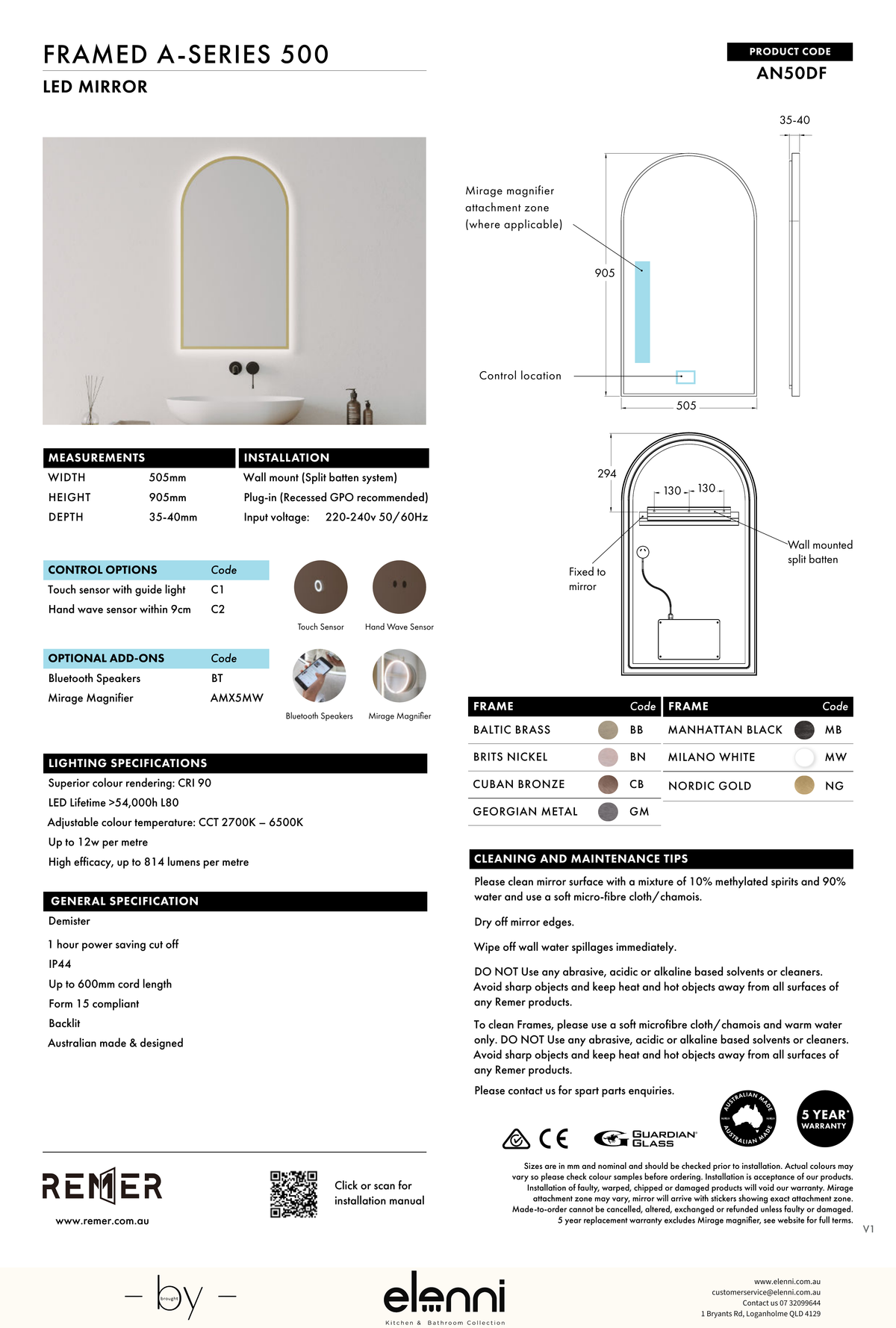 Framed A Series Arch LED Mirror Manhattan Black Jun26 STUDIO AN50DF Elenni specification drawing