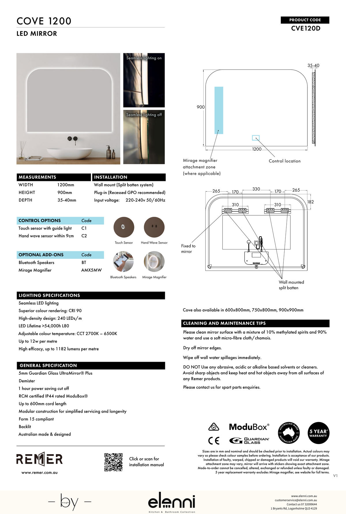 Cove Soft Arch LED Mirror Jun26 STUDIO CVE120D Elenni specification drawing