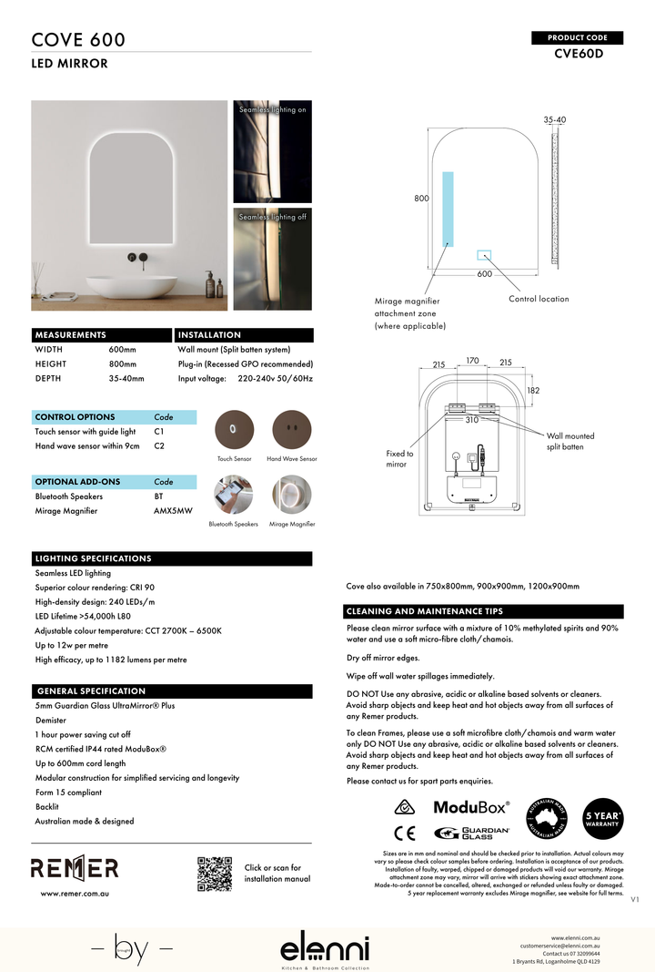 Cove Soft Arch LED Mirror Jun26 STUDIO CVE60D Elenni specification drawing