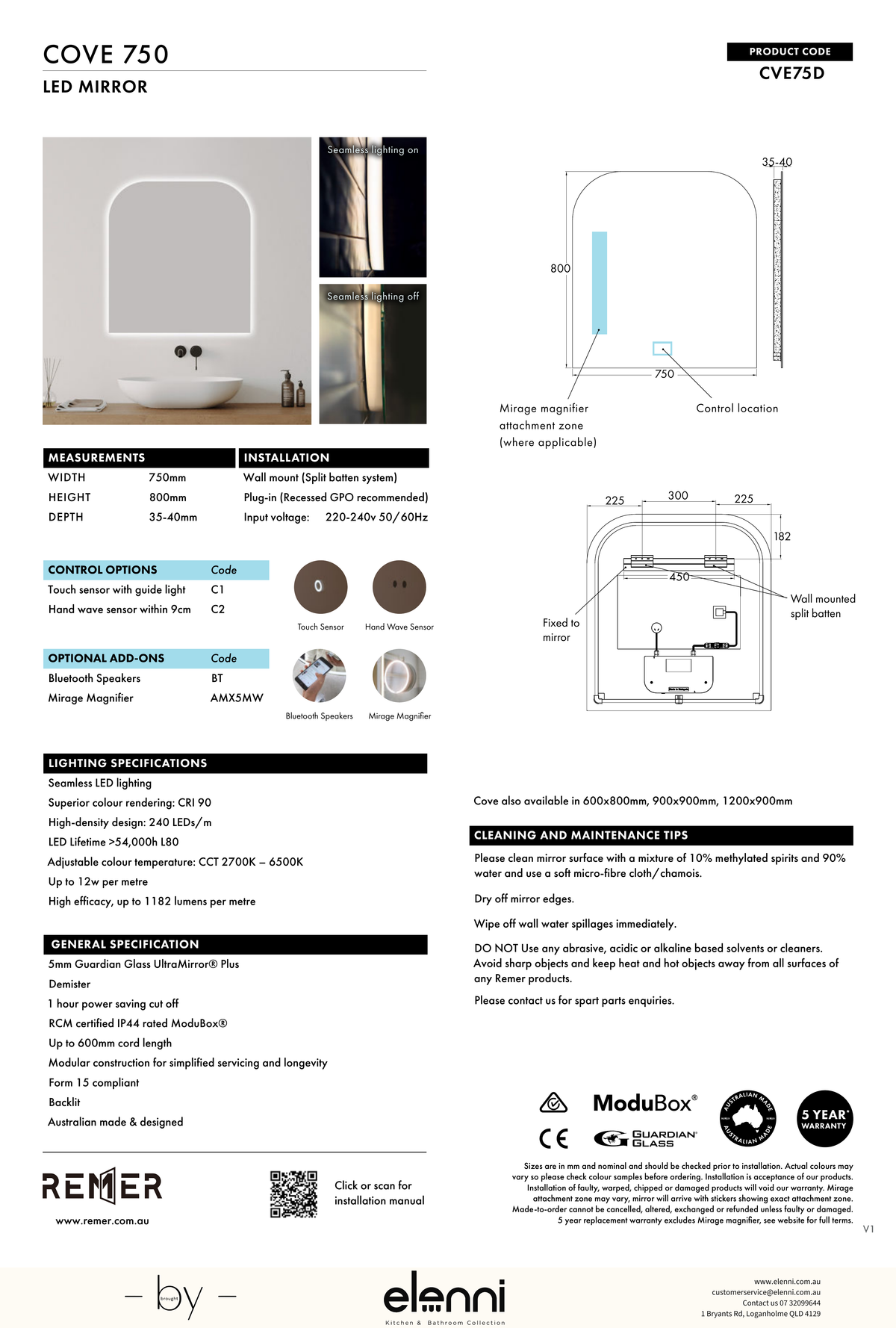 Cove Soft Arch LED Mirror Jun26 STUDIO CVE75D Elenni specification drawing