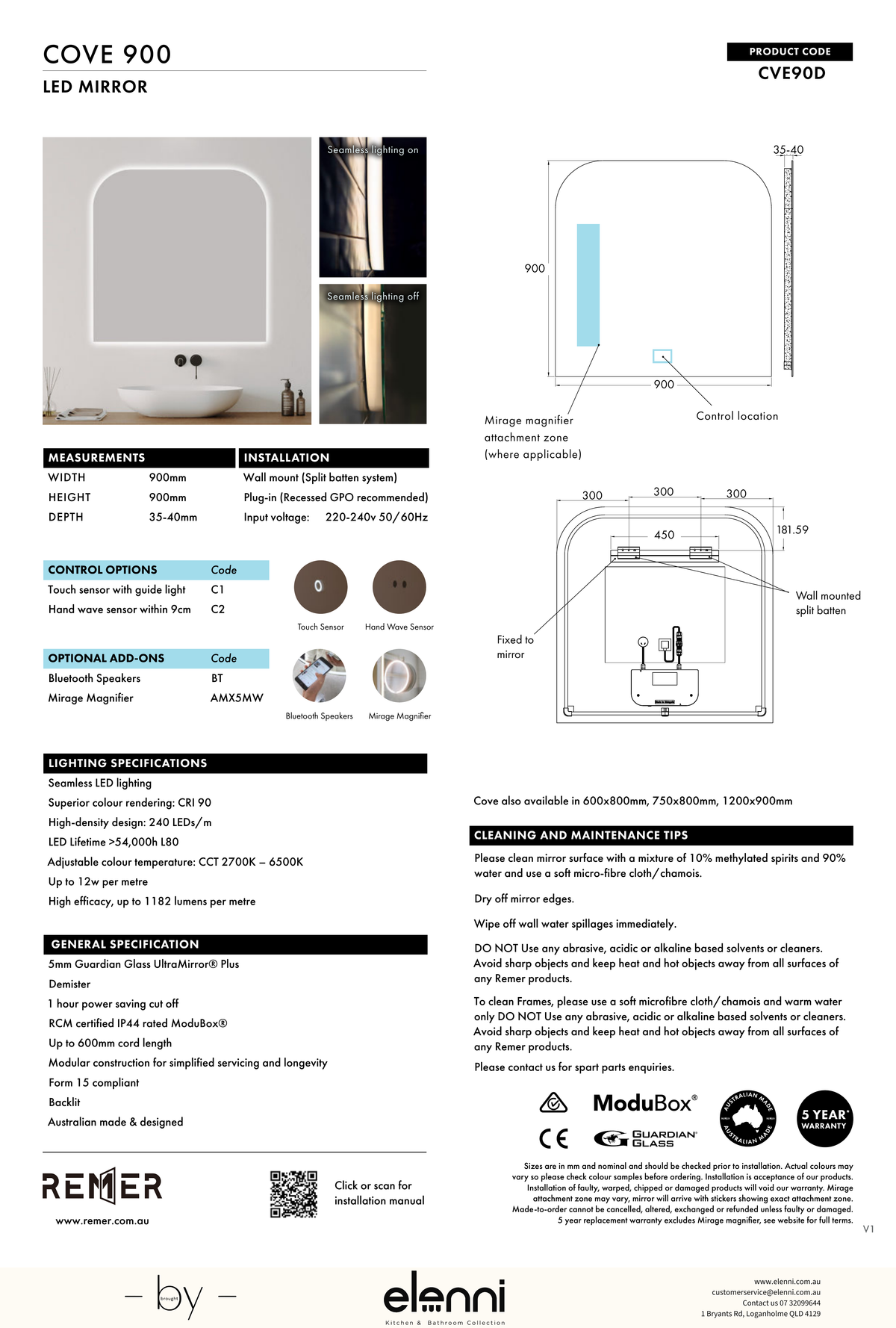 Cove Soft Arch LED Mirror Jun26 STUDIO CVE90D Elenni specification drawing