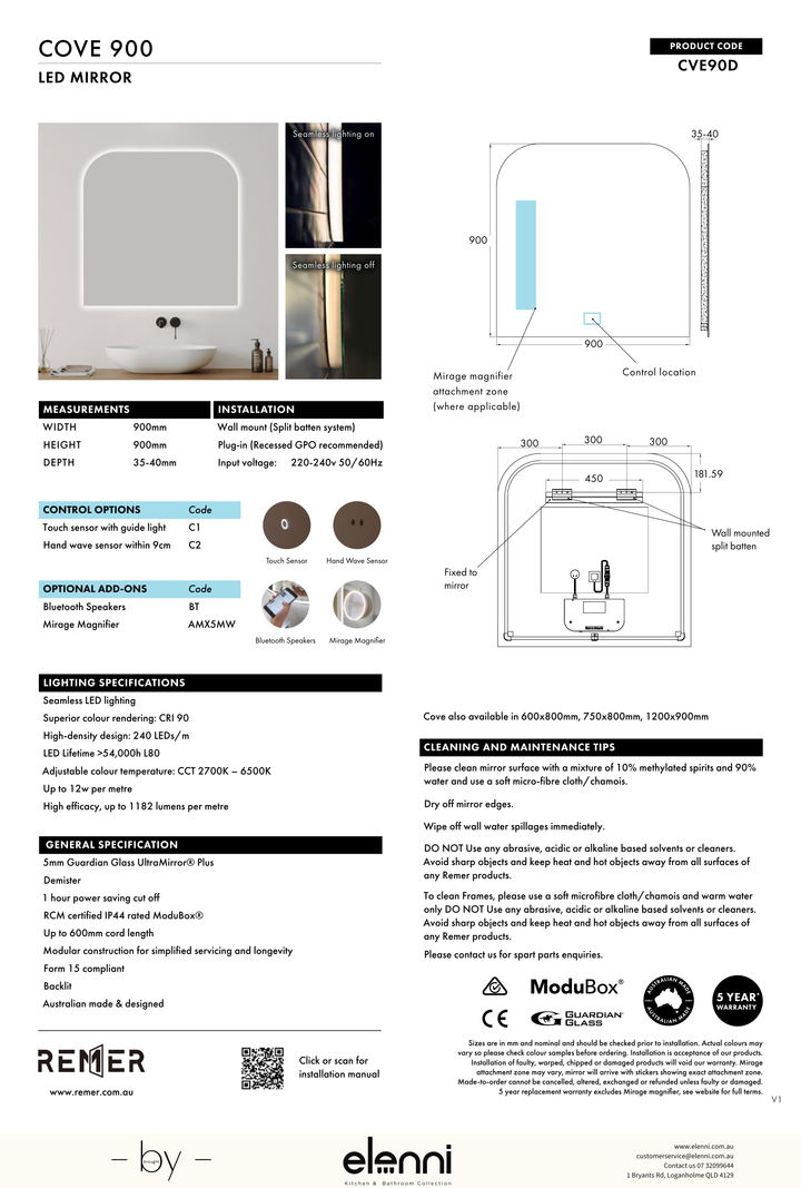 Cove Soft Arch LED Mirror Jun26 STUDIO CVE90D Elenni specification drawing