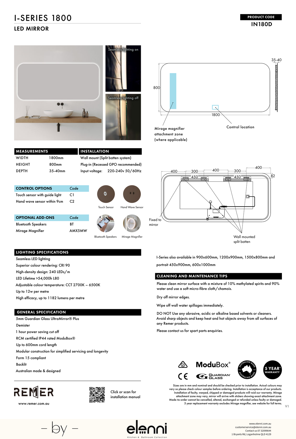 I Series Soft Rectangle LED Mirror Jun26 STUDIO IN180D Elenni specification drawing