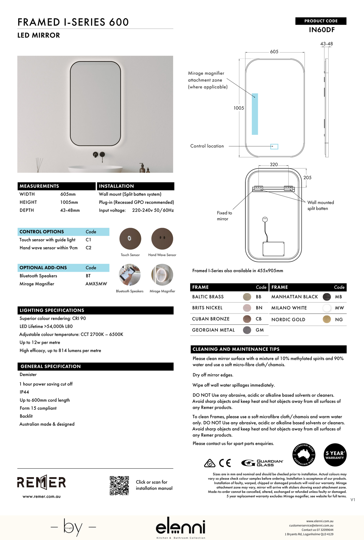 Framed I Series Soft Rectangle LED Mirror Manhattan Black Jun26 STUDIO IN60DF Elenni specification drawing