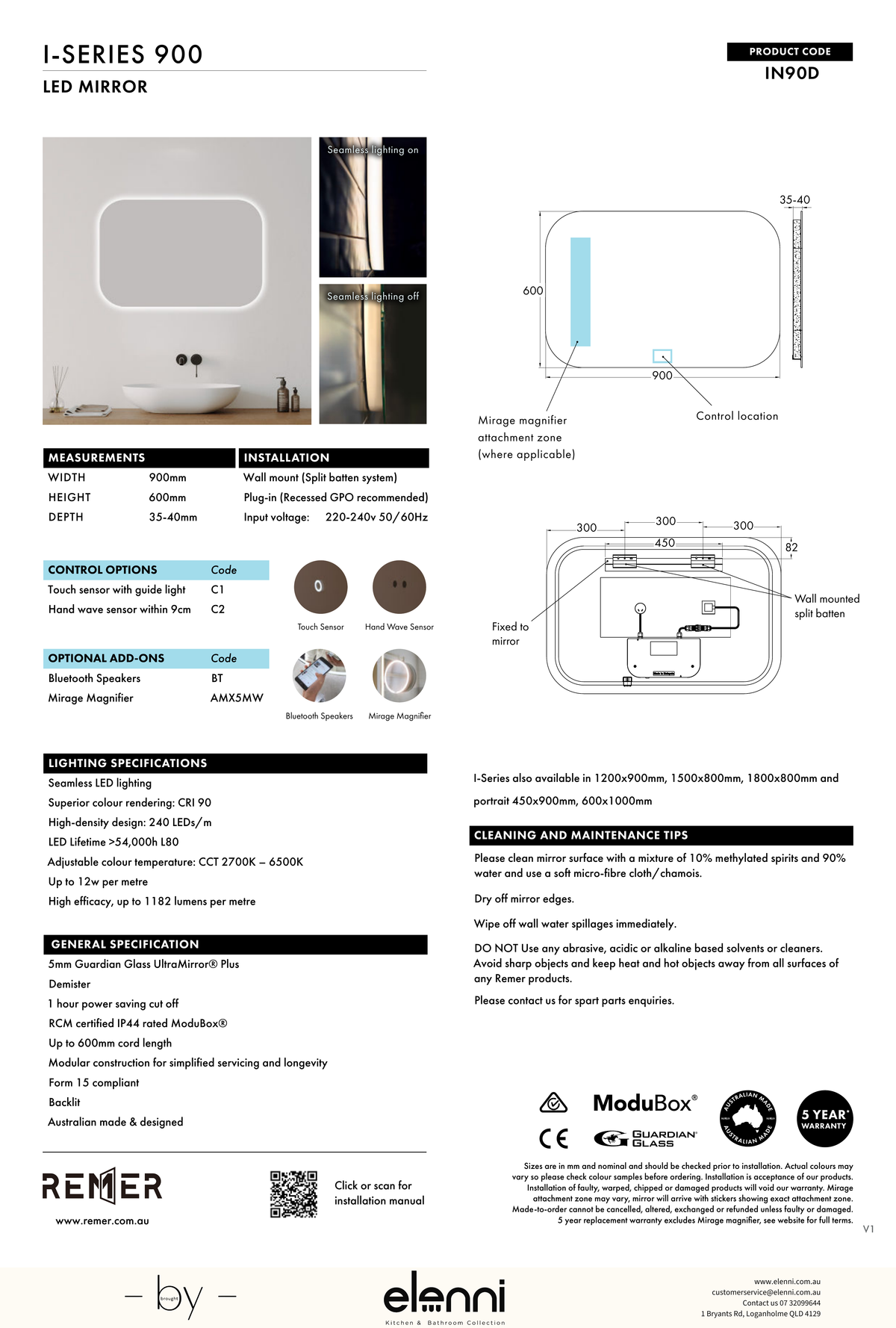 I Series Soft Rectangle LED Mirror Jun26 STUDIO IN90D Elenni specification drawing
