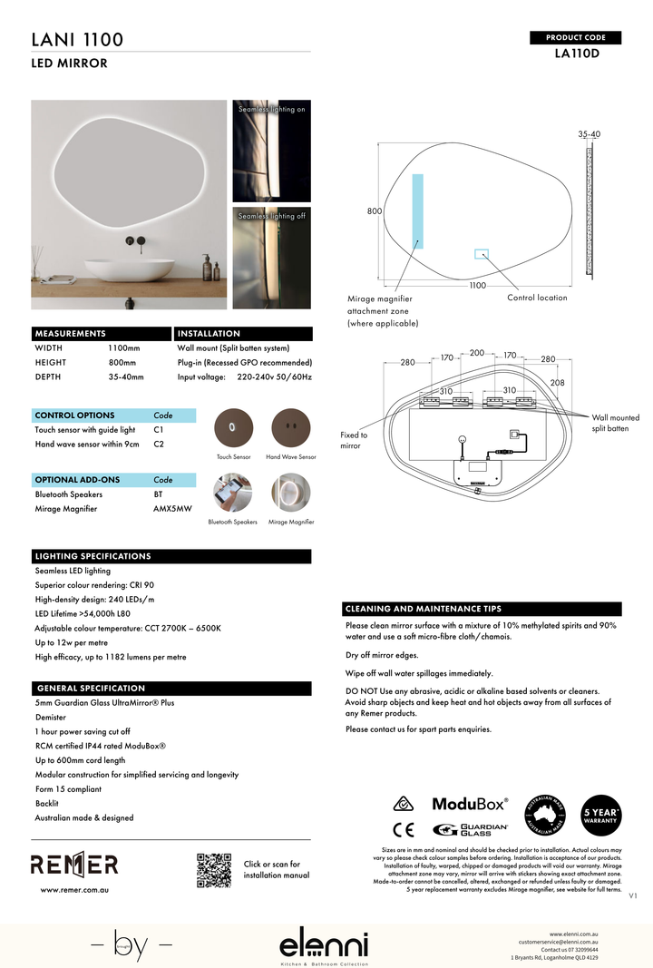 Lani LED Mirror Jun26 STUDIO LA110D Elenni specification drawing