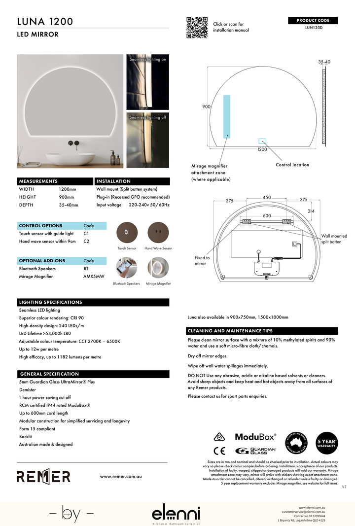 Luna Arch LED Mirror Jun26 STUDIO LUN120D Elenni specification drawing