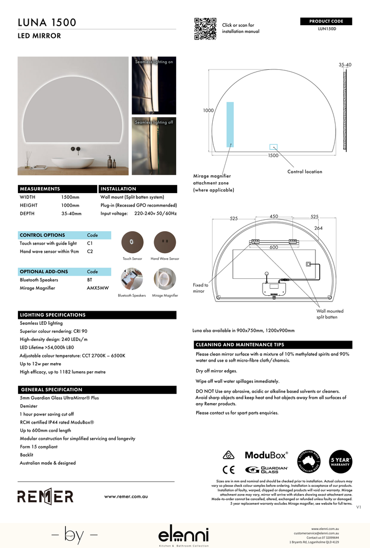 Luna Arch LED Mirror Jun26 STUDIO LUN150D Elenni specification drawing