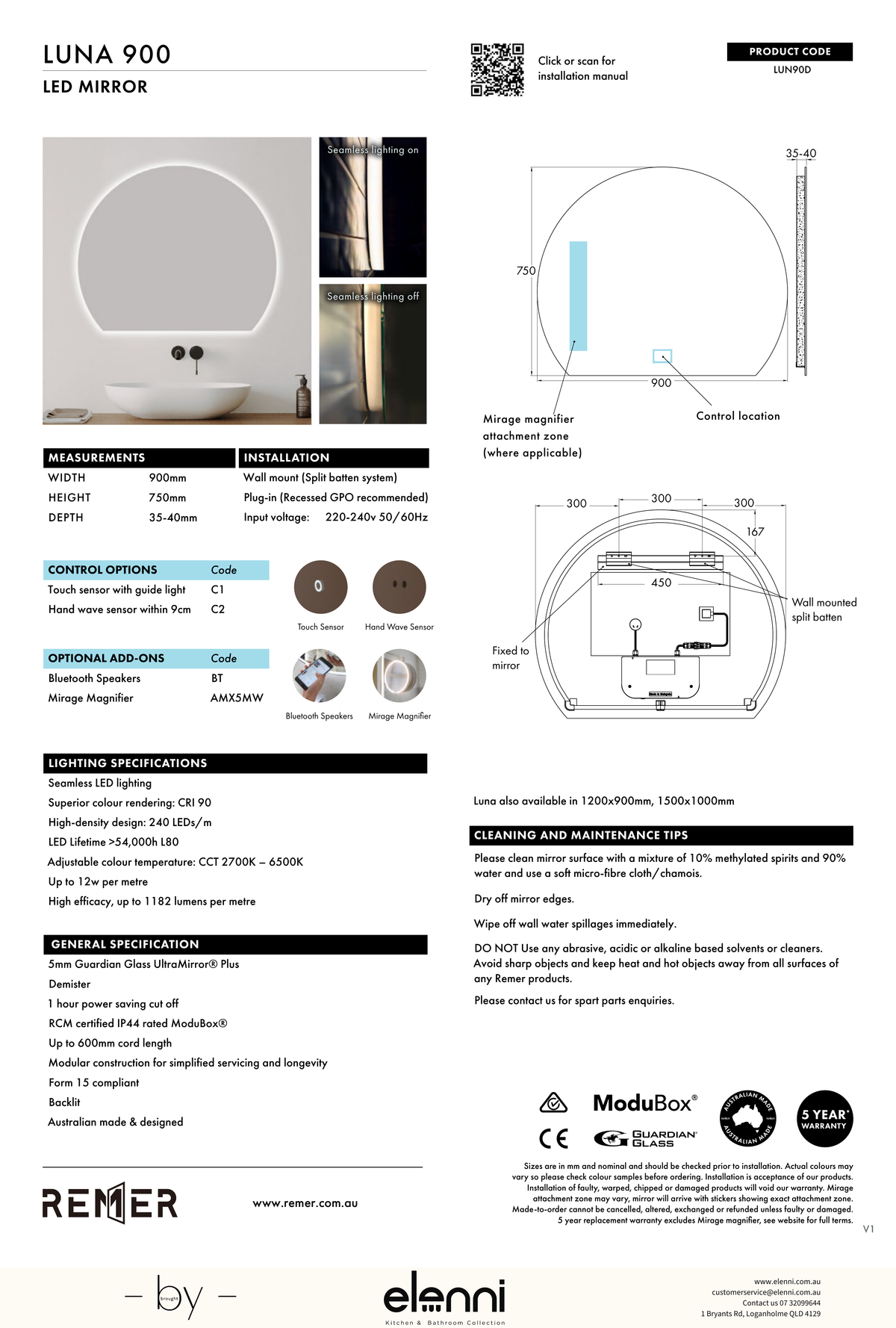 Luna Arch LED Mirror Jun26 STUDIO LUN90D Elenni specification drawing
