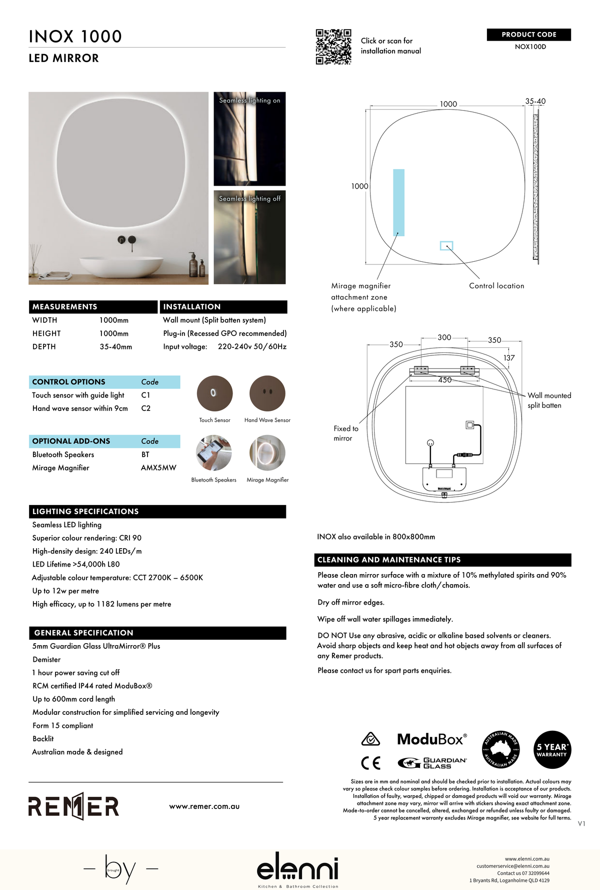 Inox Rounded Square LED Mirror Jun26 STUDIO NOX100D Elenni specification drawing