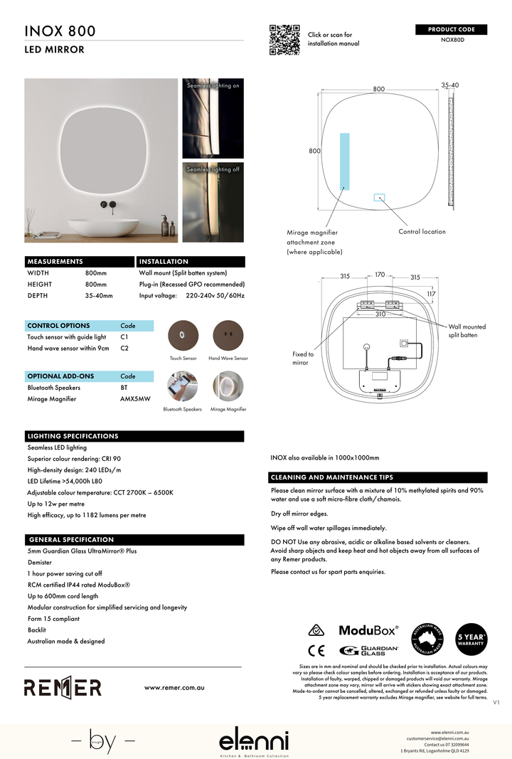 Inox Rounded Square LED Mirror Jun26 STUDIO NOX80D Elenni specification drawing