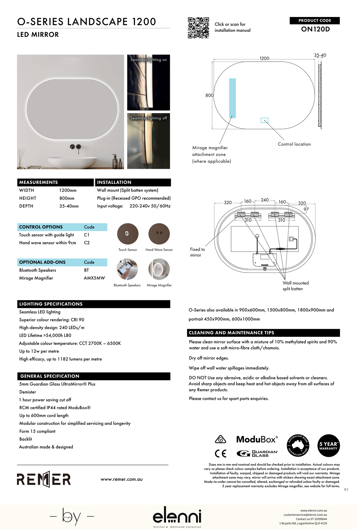 O Series Landscape Oval LED Mirror JUN26 STUDIO ON120D Elenni specification drawing