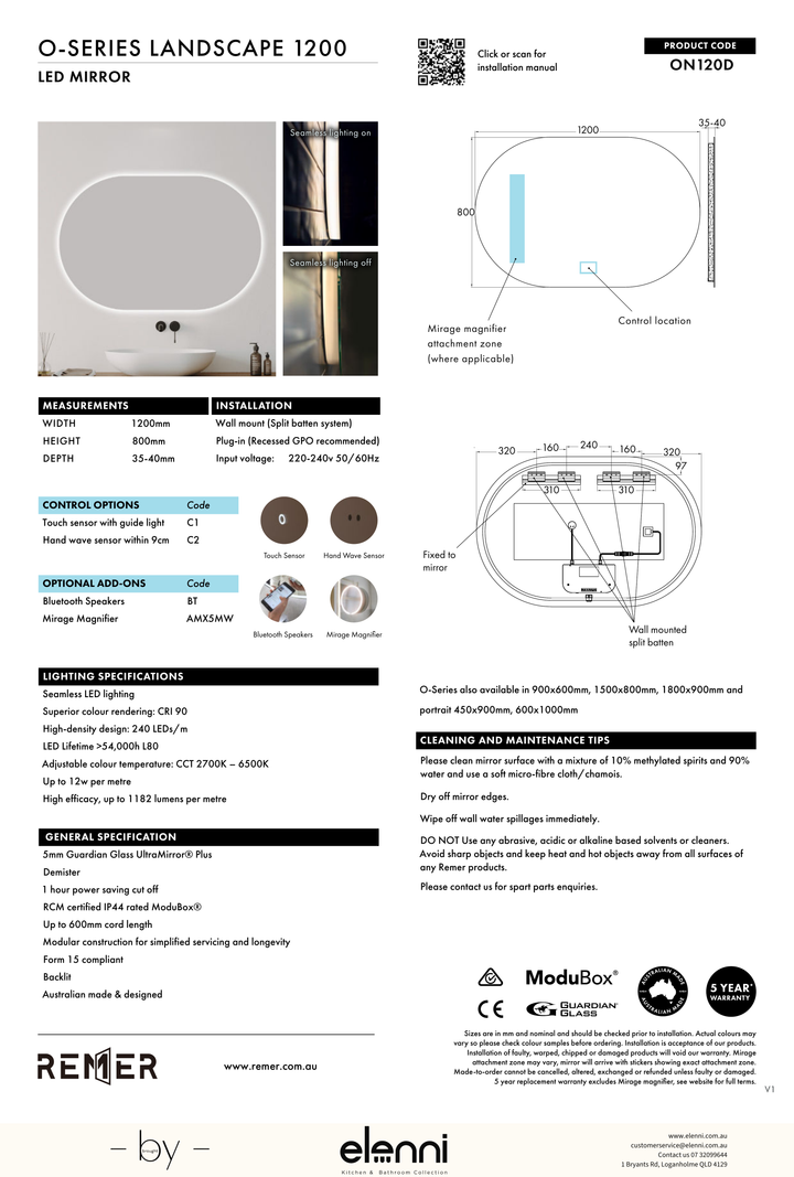 O Series Landscape Oval LED Mirror JUN26 STUDIO ON120D Elenni specification drawing
