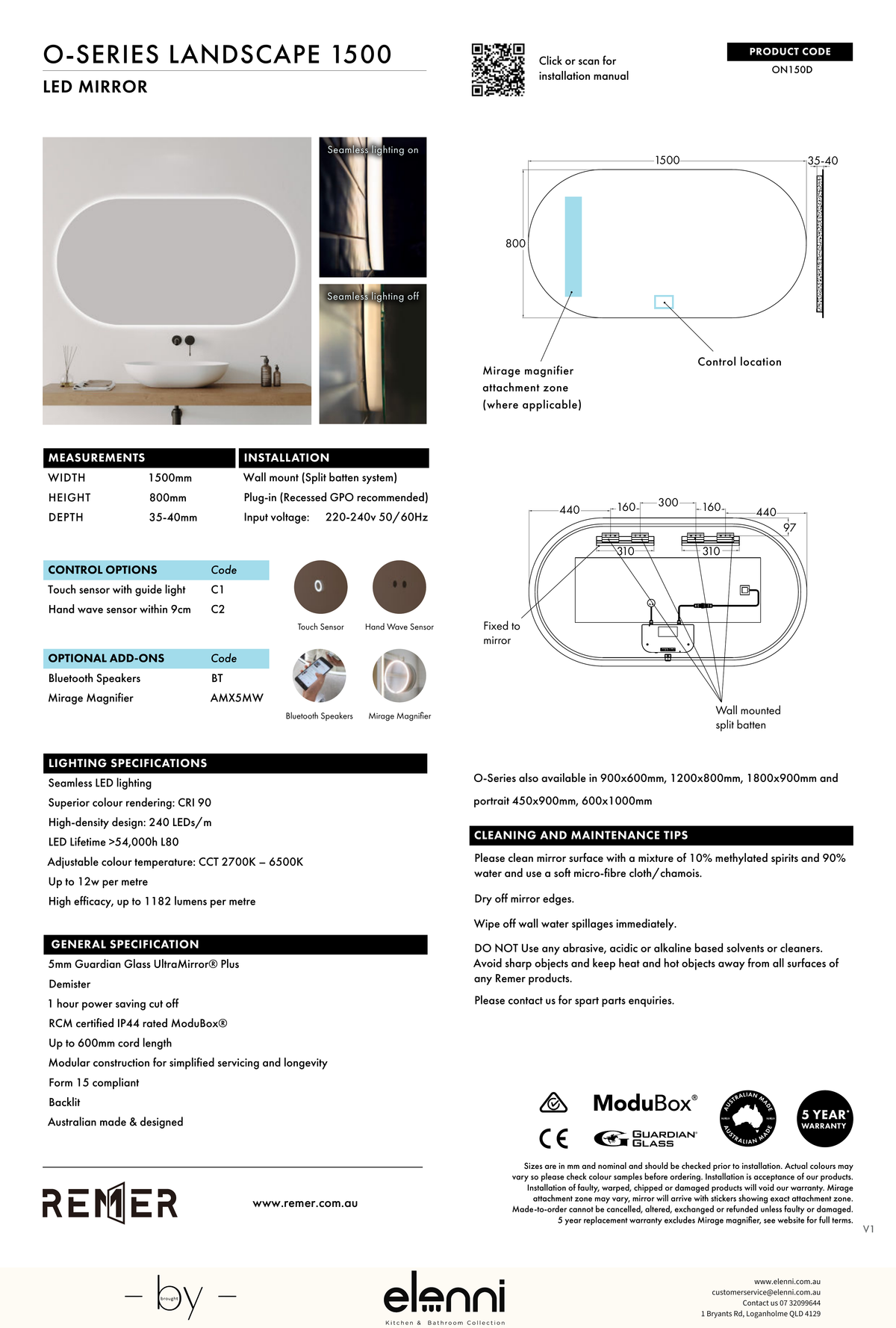 O Series Landscape Oval LED Mirror JUN26 STUDIO ON150D Elenni specification drawing