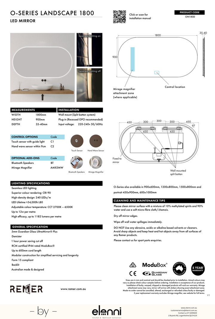 O Series Landscape Oval LED Mirror JUN26 STUDIO ON180D Elenni specification drawing