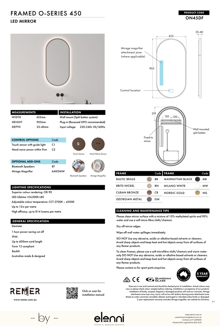 Framed O Series Oval LED Mirror Georgian Metal Jun26 STUDIO ON45DF Elenni specification drawing