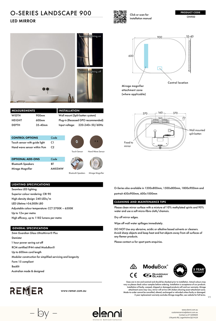 O Series Landscape Oval LED Mirror JUN26 STUDIO ON90D Elenni specification drawing