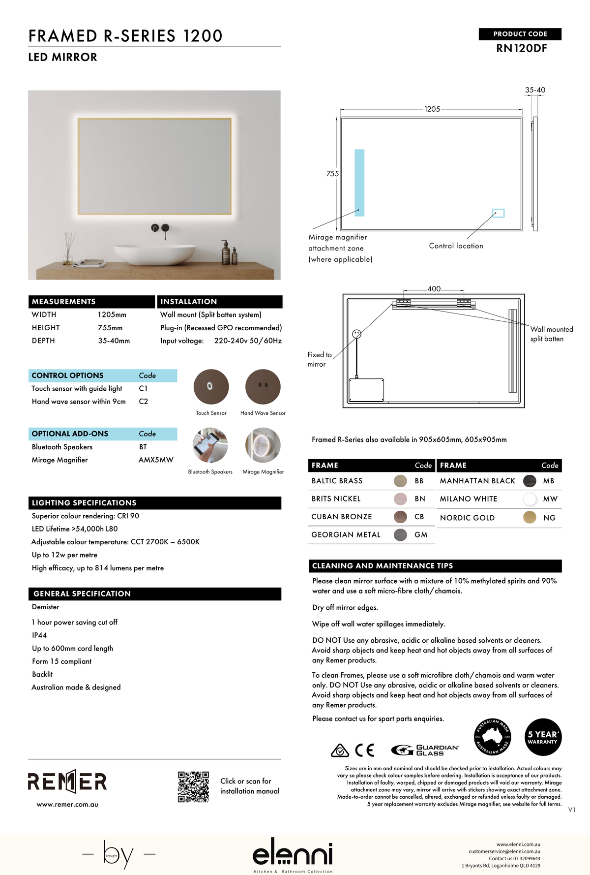 Framed R Series Rectangle LED Mirror Cuban Bronze Jun26 STUDIO RN120DF Elenni specification drawing