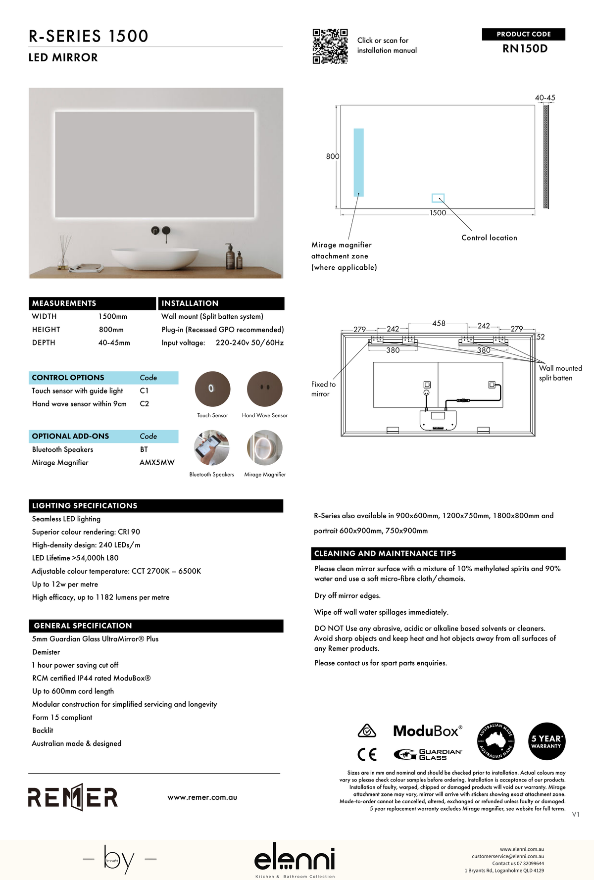 R Series Rectangle LED Mirror Jun26 STUDIO RN150D Elenni specification drawing