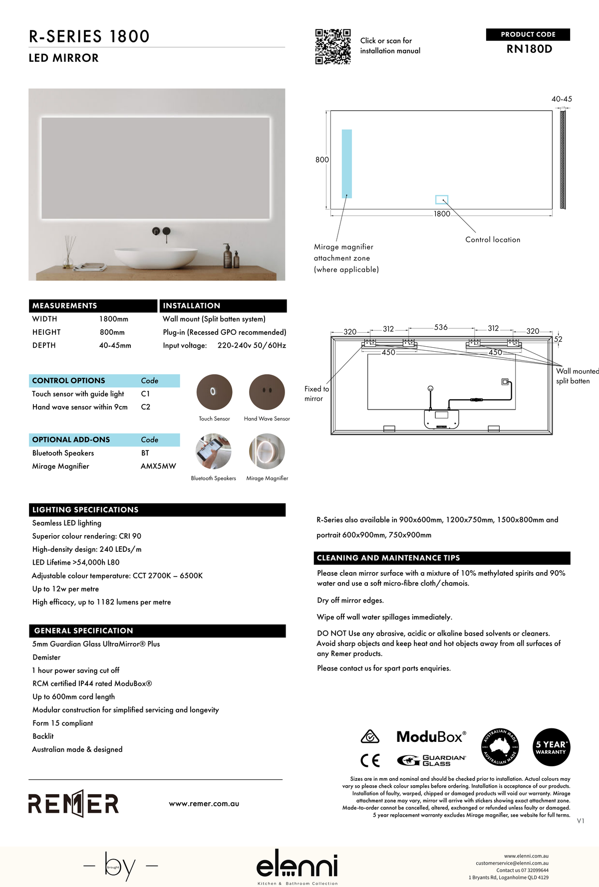 R Series Rectangle LED Mirror Jun26 STUDIO RN180D Elenni specification drawing