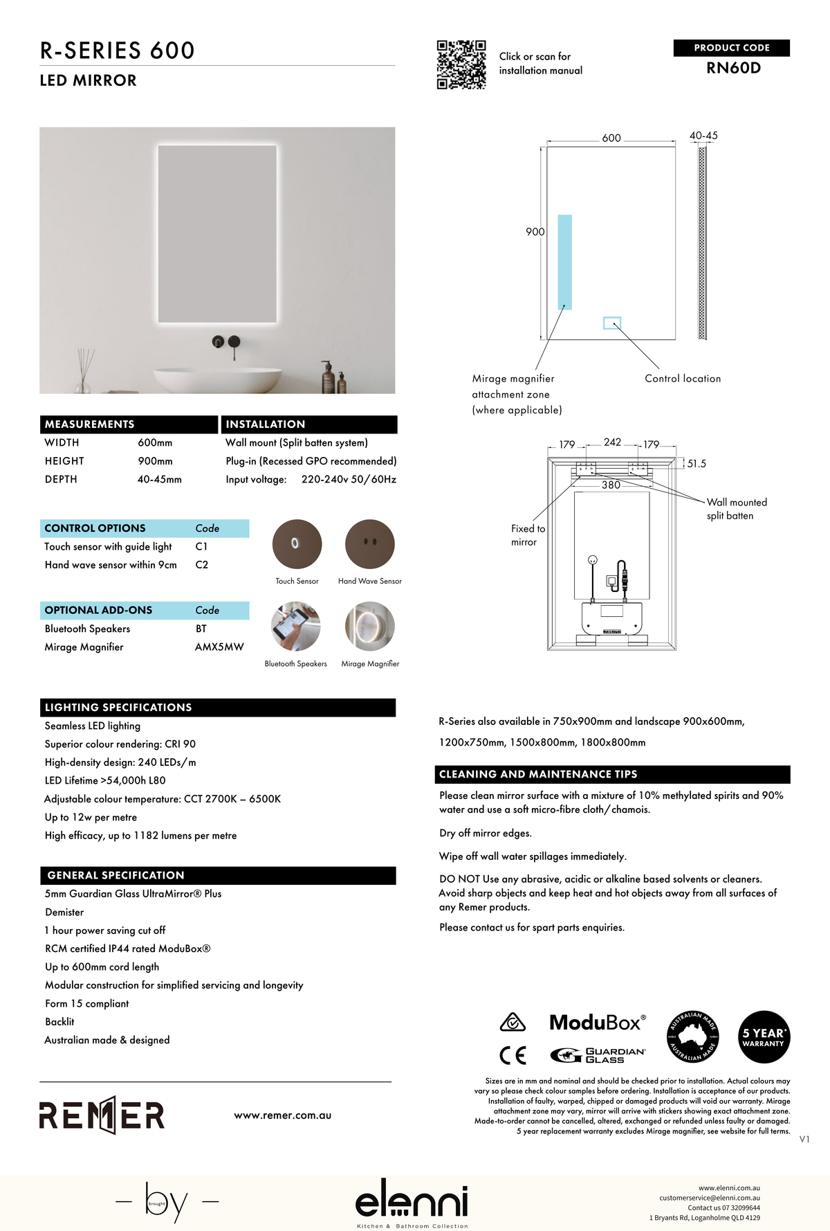 R Series Rectangle LED Mirror Jun26 STUDIO RN60D Elenni specification drawing