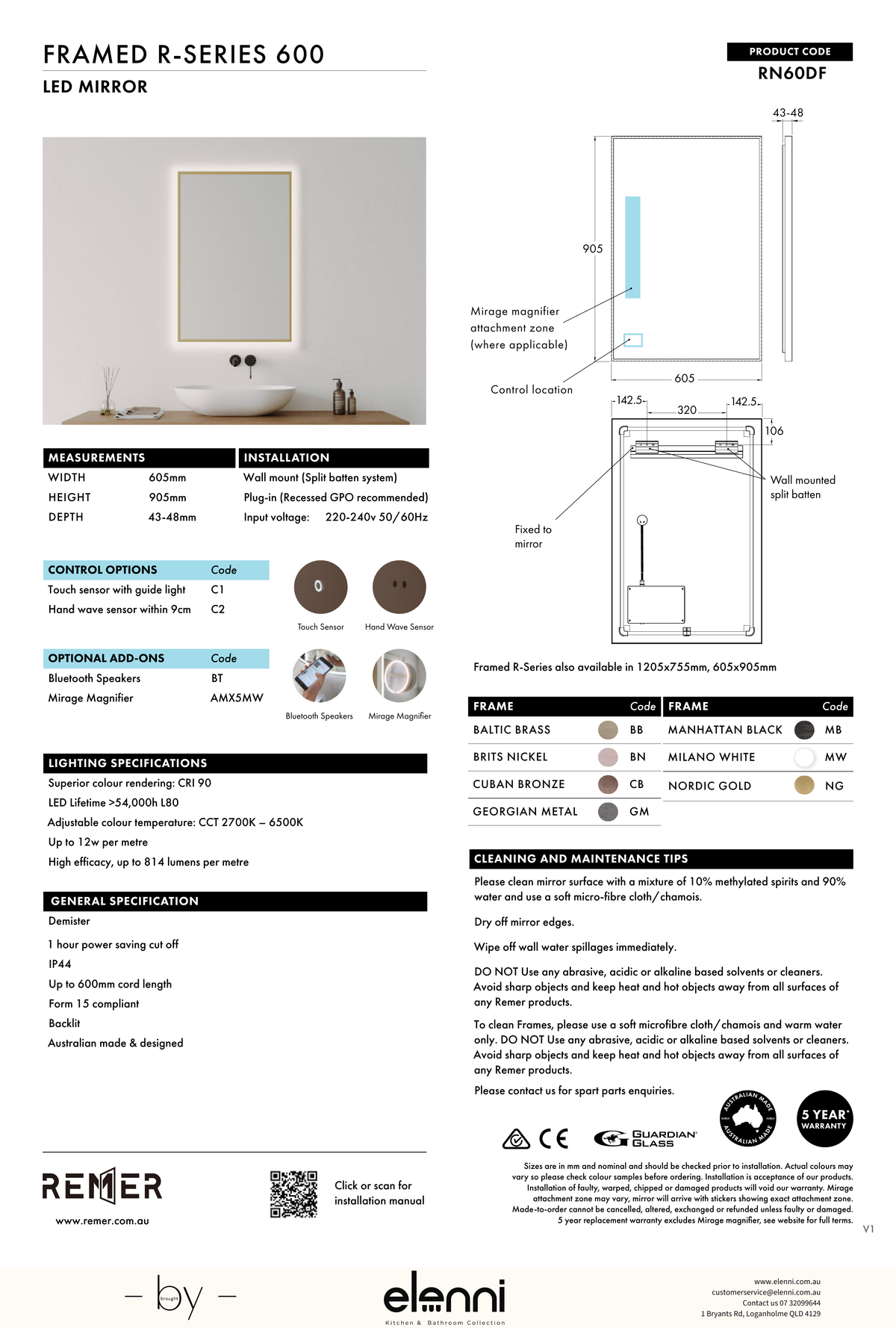 Framed R Series Rectangle LED Mirror Baltic Brass Jun26 STUDIO RN60DF Elenni specification drawing