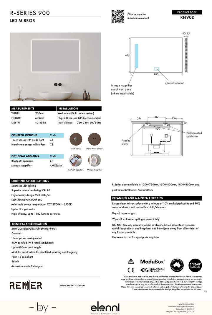 R Series Rectangle LED Mirror Jun26 STUDIO RN90D Elenni specification drawing