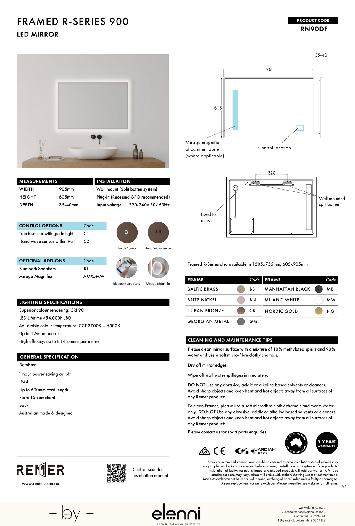 Framed R Series Rectangle LED Mirror Baltic Brass Jun26 STUDIO RN90DF Elenni specification drawing