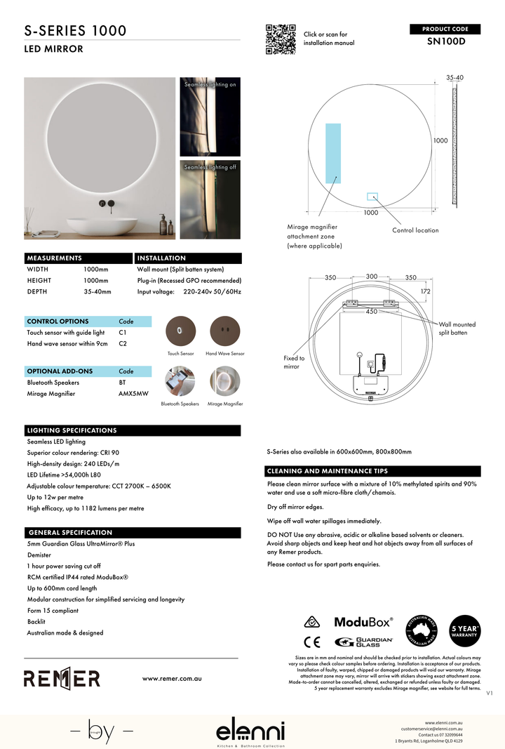 S Series Round LED Mirror Jun26 STUDIO SN100D Elenni specification drawing