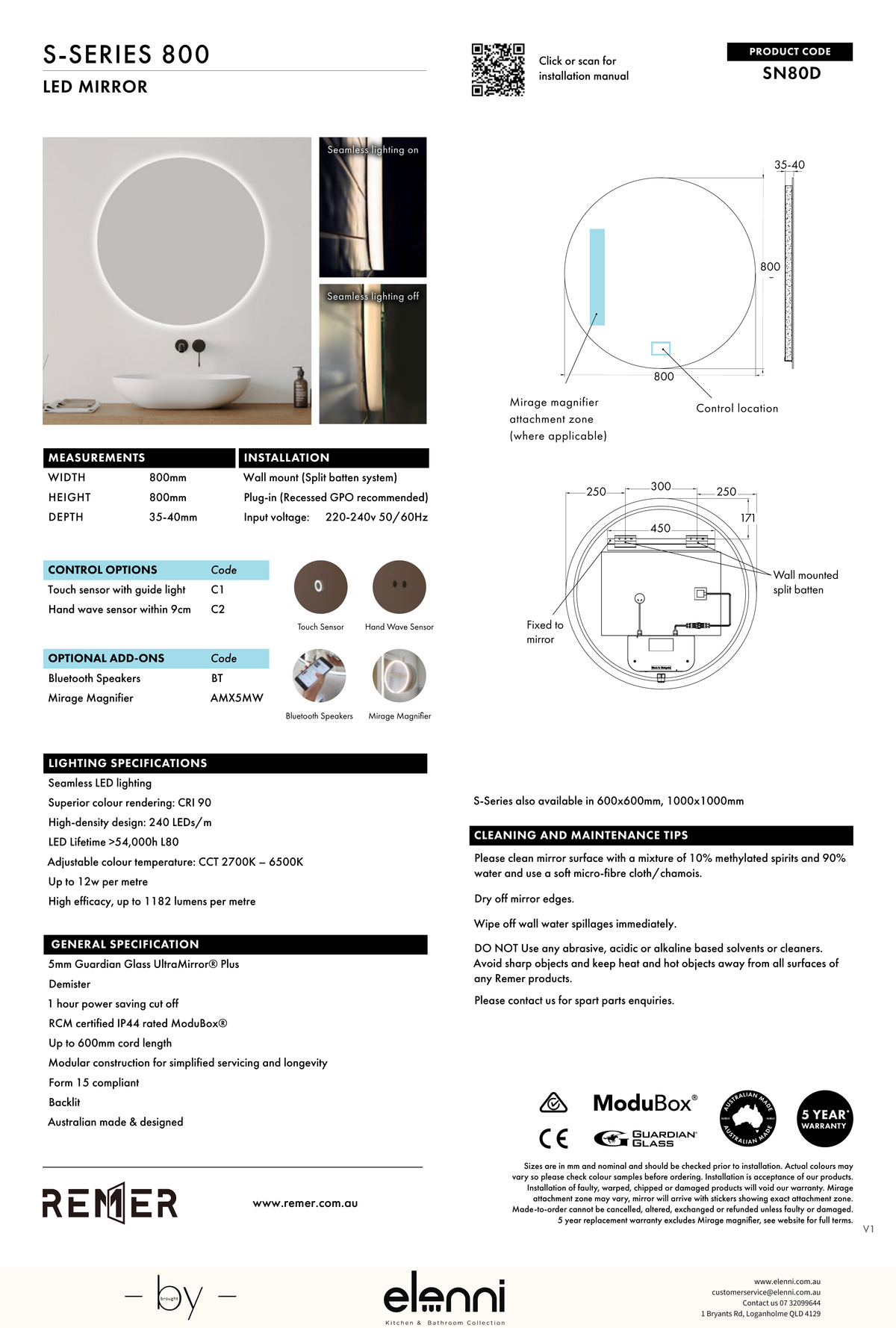 S Series Round LED Mirror Jun26 STUDIO SN80D Elenni specification drawing