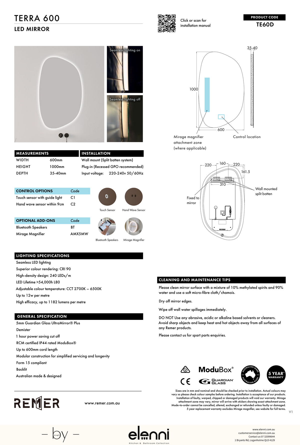 Terra Organic LED Mirror Jun26 STUDIO TE60D Elenni specification drawing