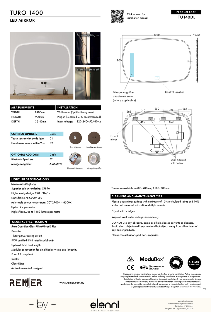 Turo LED Mirror Jun26 STUDIO TU140DL Elenni specification drawing