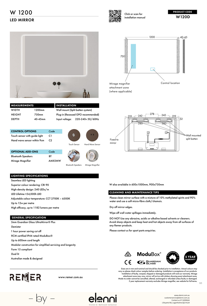W LED Mirror JUN26 STUDIO W120D Elenni specification drawing