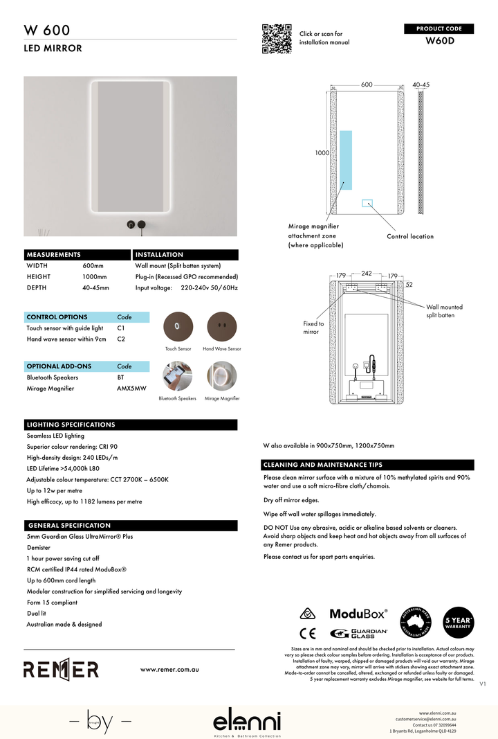 W LED Mirror JUN26 STUDIO W60D Elenni specification drawing