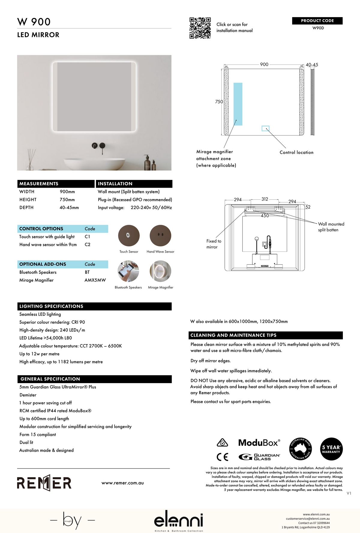 W LED Mirror JUN26 STUDIO W90D Elenni specification drawing