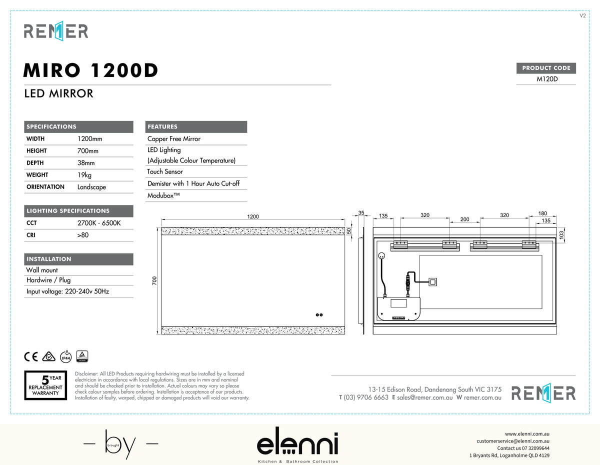 Miro LED Mirror with Demister and Portable Magnifier SEP26 M120D Elenni specification drawing
