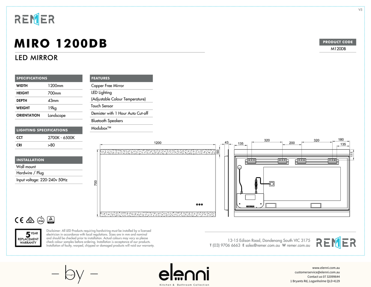 Miro LED Mirror with Demister Bluetooth Speakers and Portable Magnifier SEP26 M120DB Elenni specification drawing