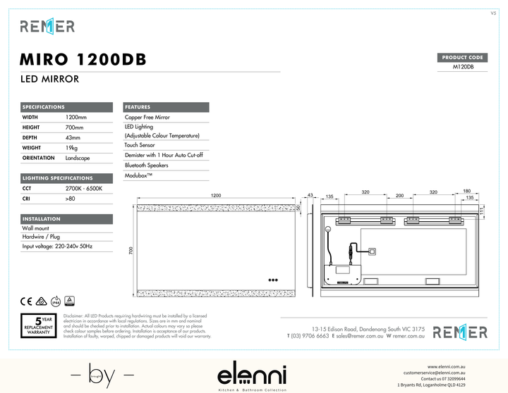 Miro LED Mirror with Bluetooth Speakers SEP26 M120DB Elenni specification drawing