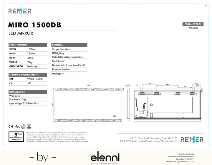 Miro LED Mirror with Bluetooth Speakers SEP26 M150DB Elenni specification drawing