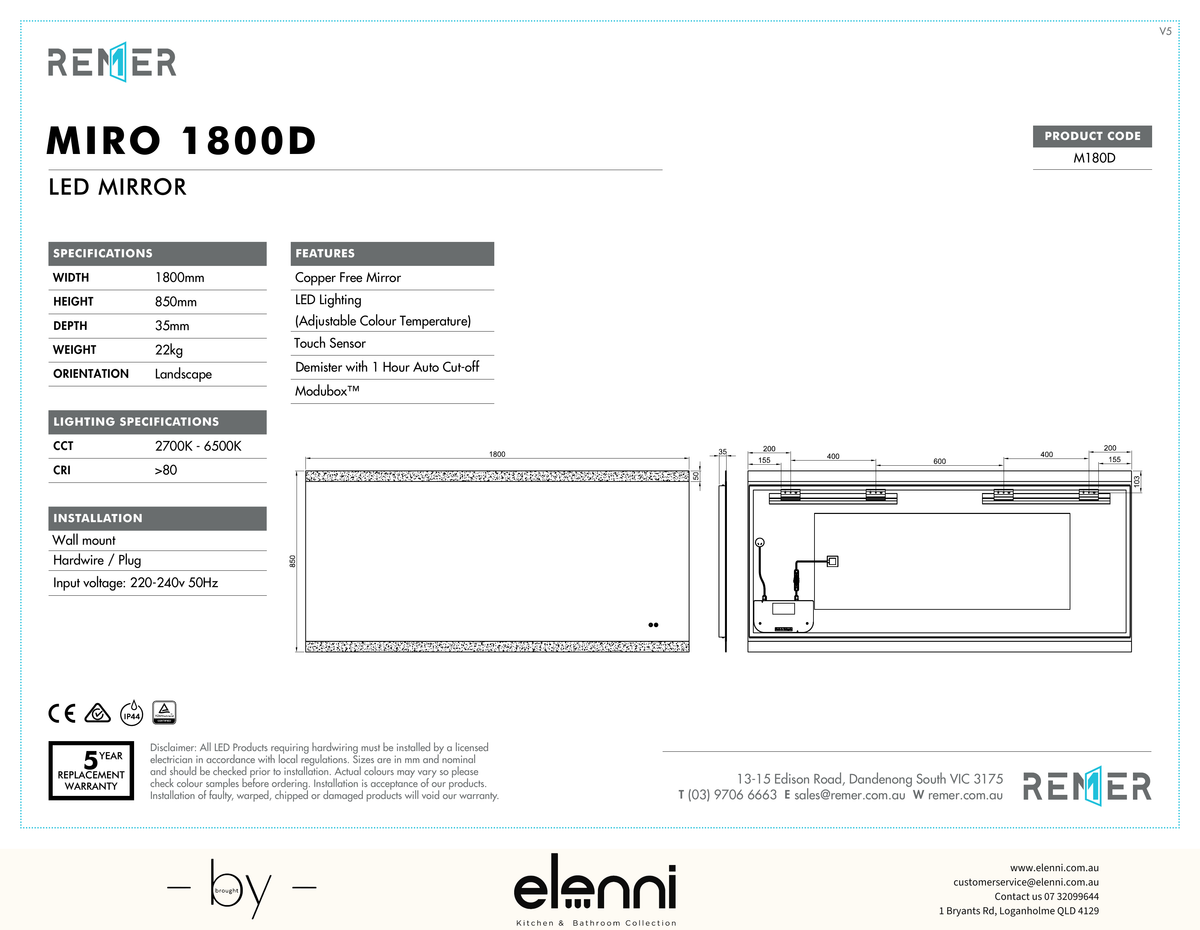 Miro LED Mirror with Demister and Portable Magnifier SEP26 M180D Elenni specification drawing