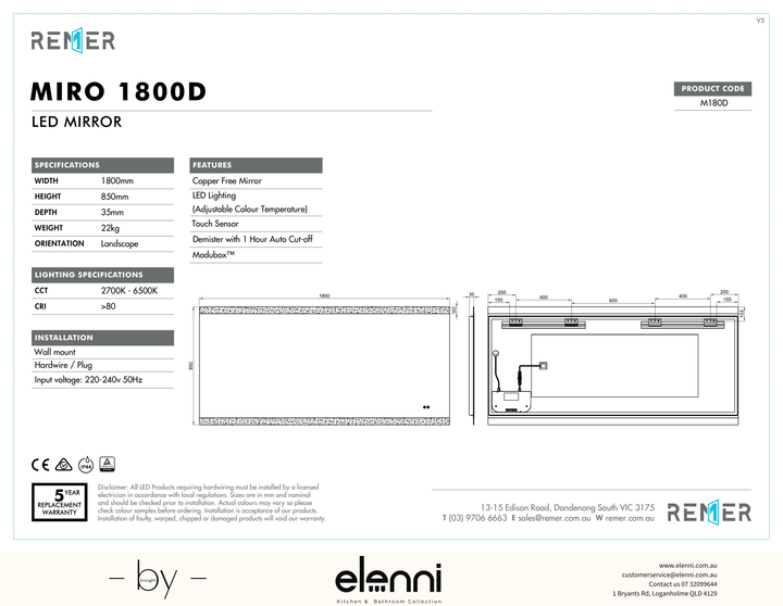 Miro LED Mirror with Demister and Portable Magnifier SEP26 M180D Elenni specification drawing