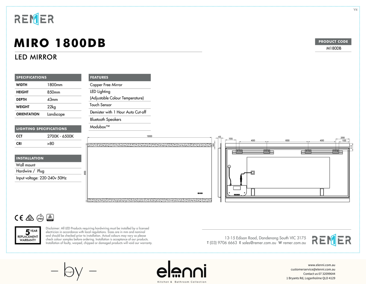 Miro LED Mirror with Demister Bluetooth Speakers and Portable Magnifier SEP26 M180DB Elenni specification drawing
