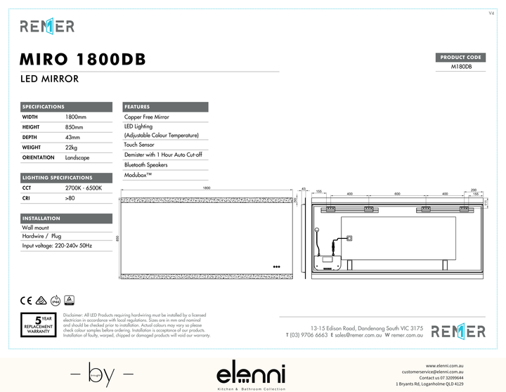 Miro LED Mirror with Demister Bluetooth Speakers and Portable Magnifier SEP26 M180DB Elenni specification drawing