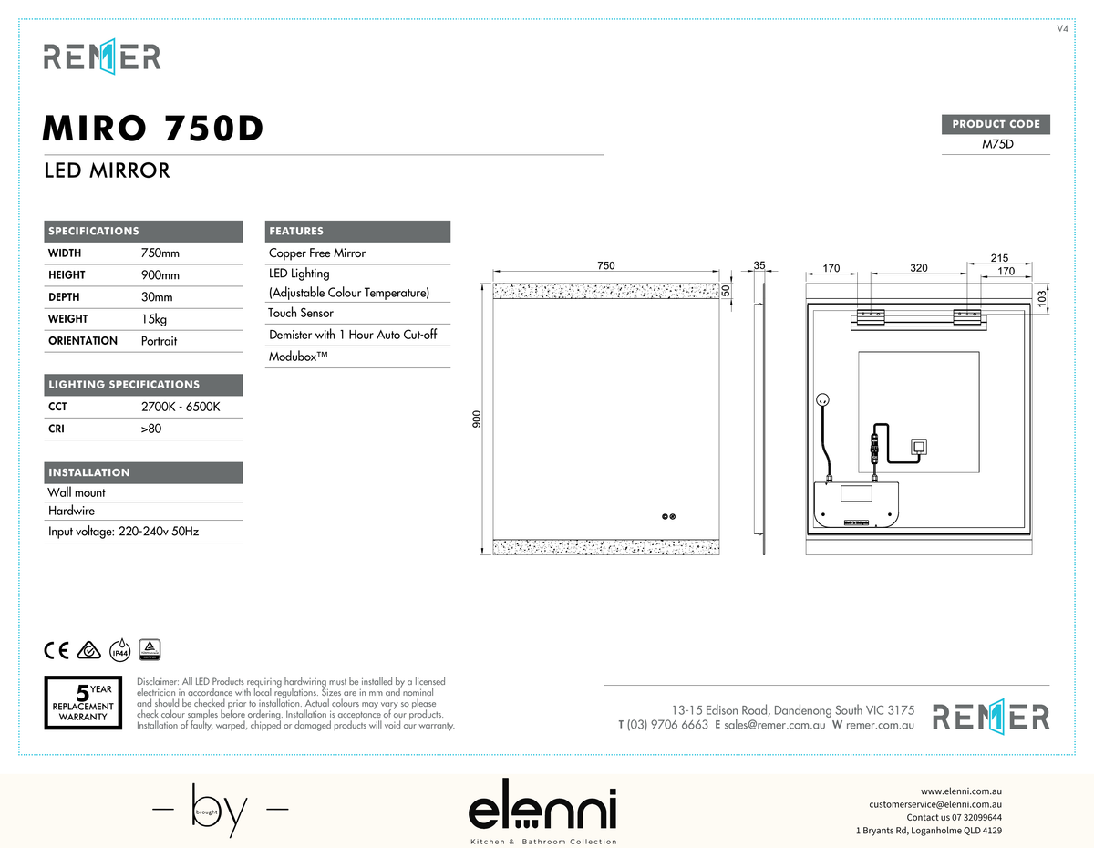 Miro LED Mirror with Demister and Portable Magnifier SEP26 M750D Elenni specification drawing