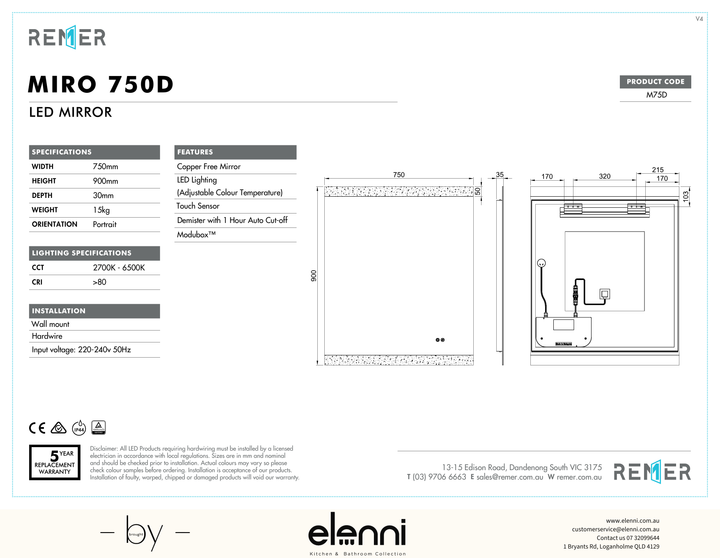 Miro LED Mirror with Demister SEP26 M750D Elenni specification drawing