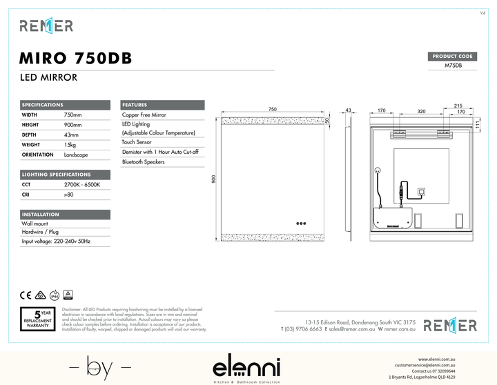 Miro LED Mirror with Demister Bluetooth Speakers and Portable Magnifier SEP26 M750DB Elenni specification drawing