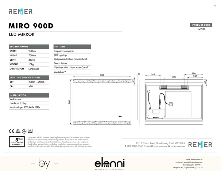 Miro LED Mirror with Demister and Portable Magnifier SEP26 M90D Elenni specification drawing