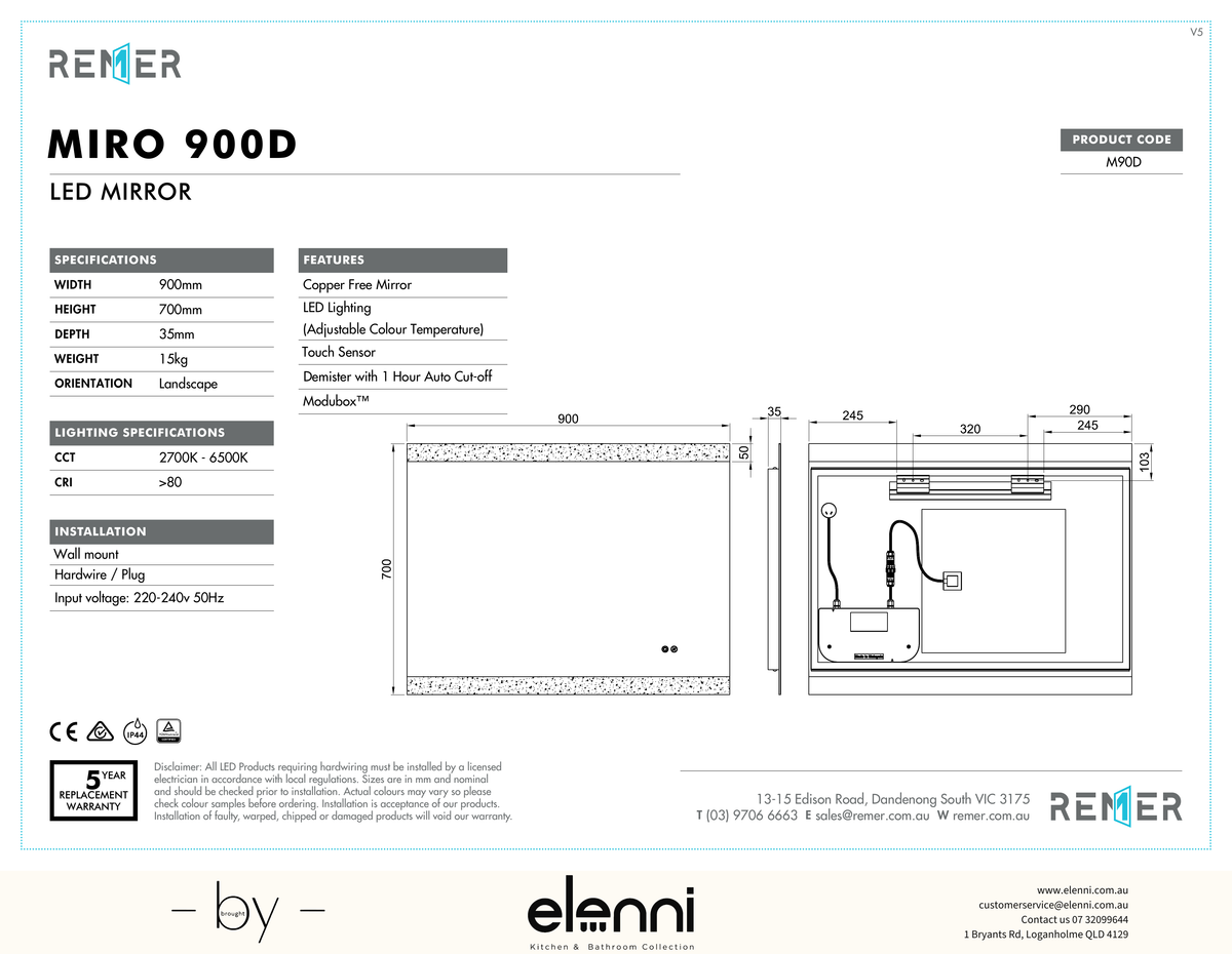 Miro LED Mirror with Demister SEP26 M90D Elenni specification drawing