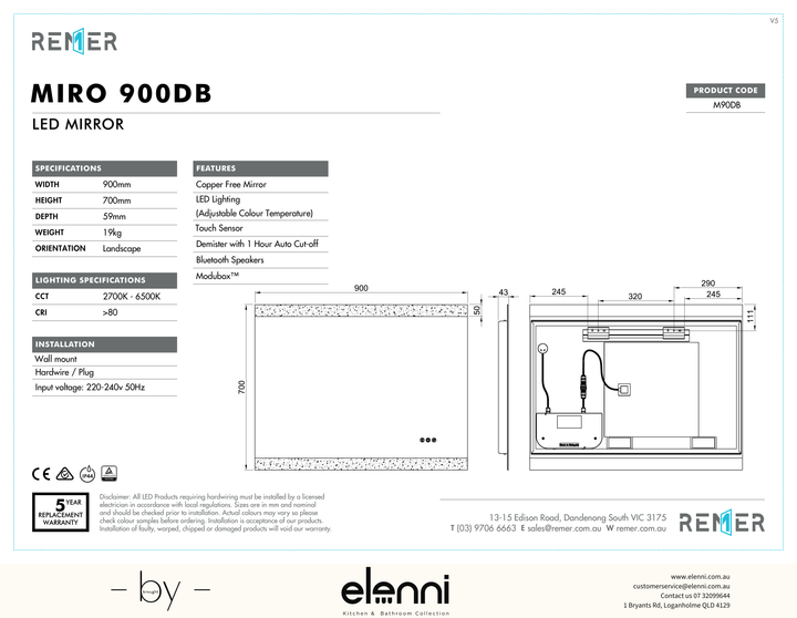 Miro LED Mirror with Bluetooth Speakers SEP26 M90DB Elenni specification drawing