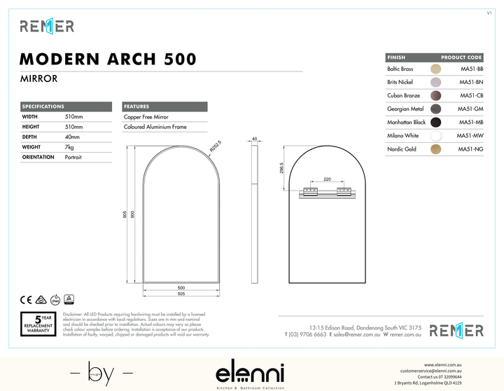 Modern Arch Mirror Nordic Gold SEPT26 MA51 Elenni specification drawing